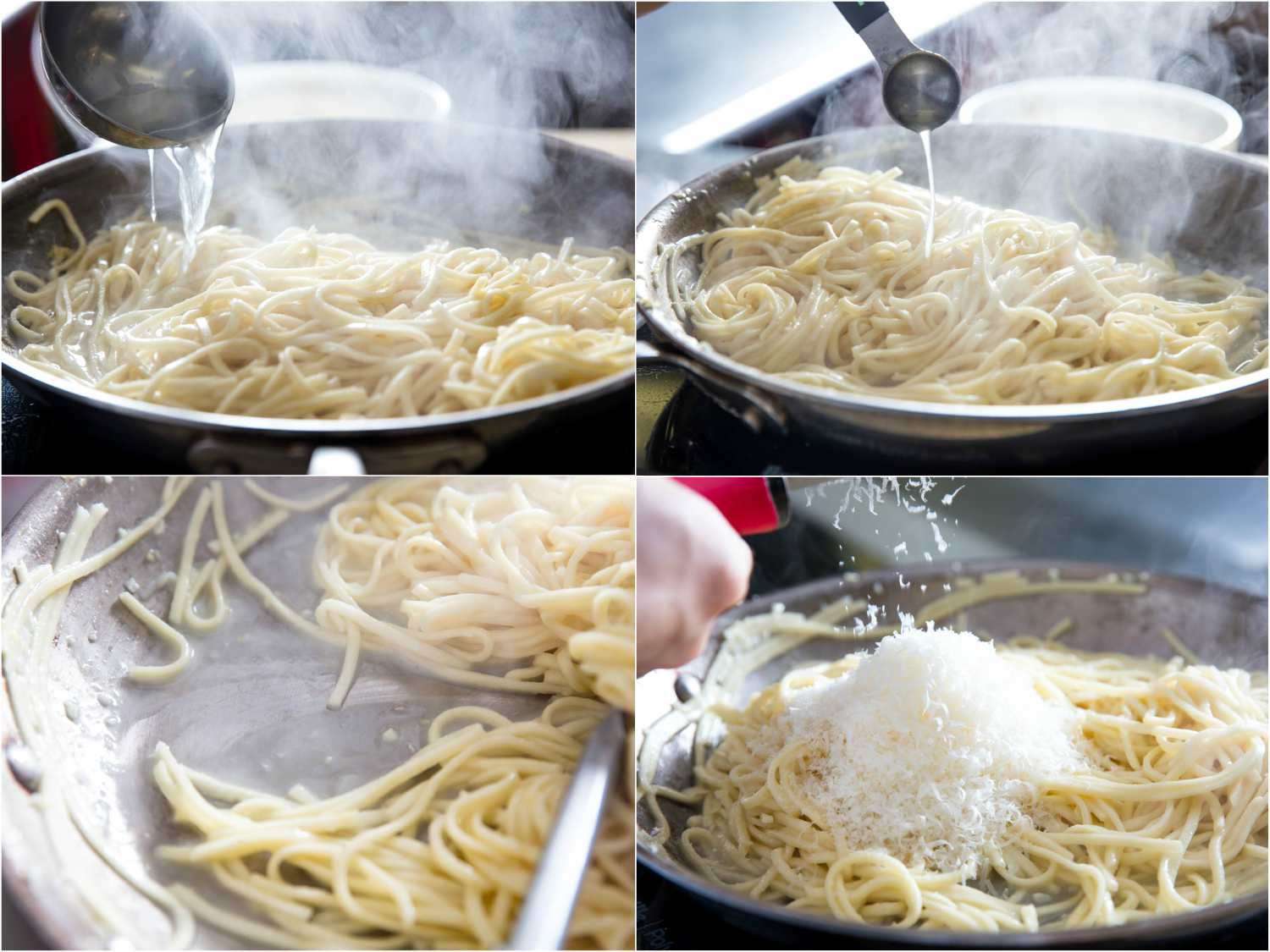 A collage: adding pasta cooking water, lemon juice and cheese to emulsify the sauce for pasta al limone. 