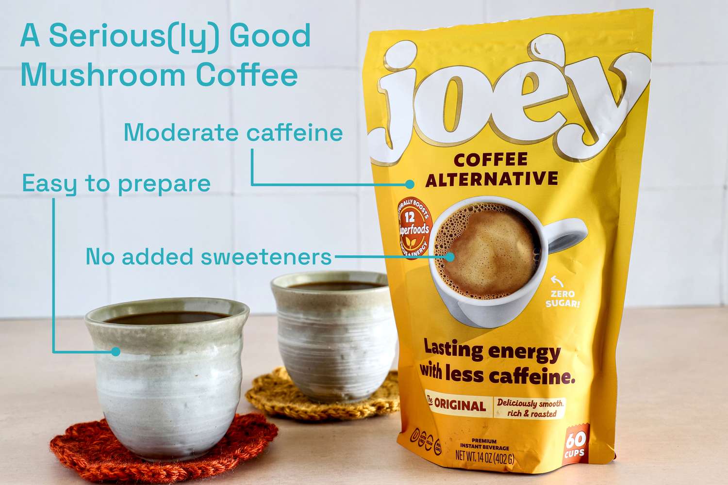 A package of Joe'y Mushroom Coffee Alternative with labels indicating that it has moderate caffeine, is easy to prepare, and contains no added sweeteners.