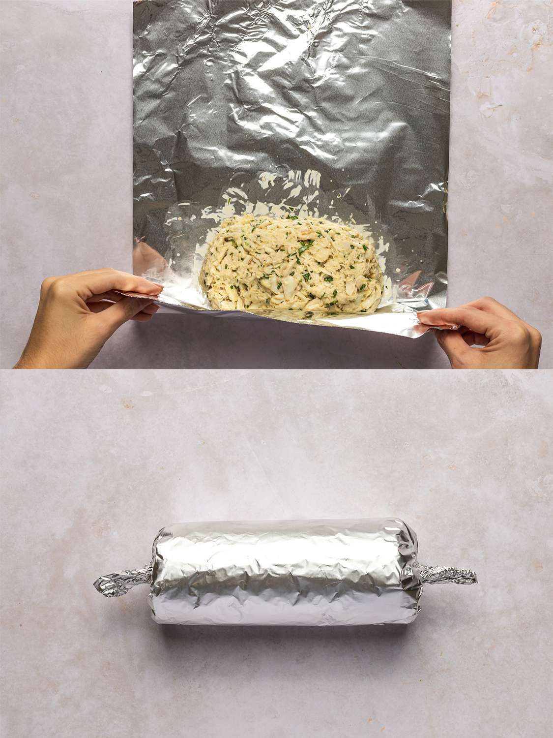 A two-image collage. The top image shows two hands lifting the bottom edge of the foil and lifting it over the crab log. The bottom image shows the log completely wrapped in foil with the ends twisted to form a tight roll, about 6- to 8-inches wide and 3- to 4-inches in diameter.