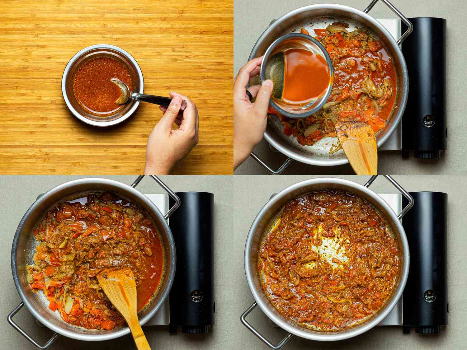 Four image collage of adding mixture to onion mixture in pna