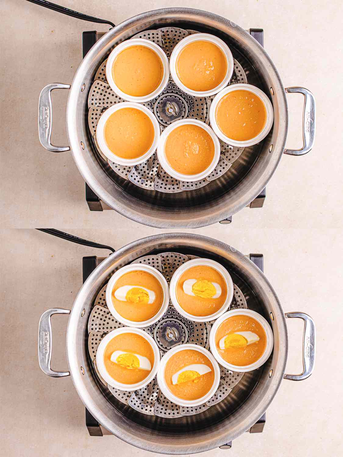 Two image collage of overhead view of moin moin mixture in ramekins in steamer before and after an egg is placed inside