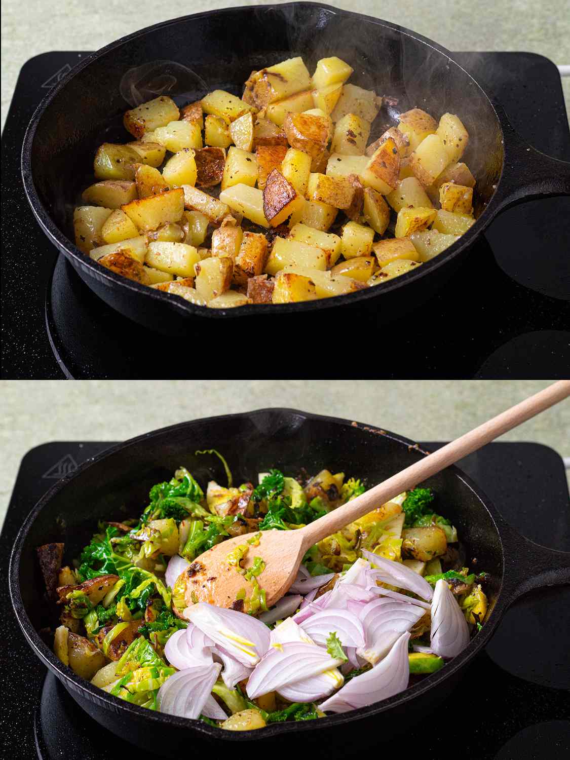 Potatoes cooking in a pan, then additional vegetables are stirred in