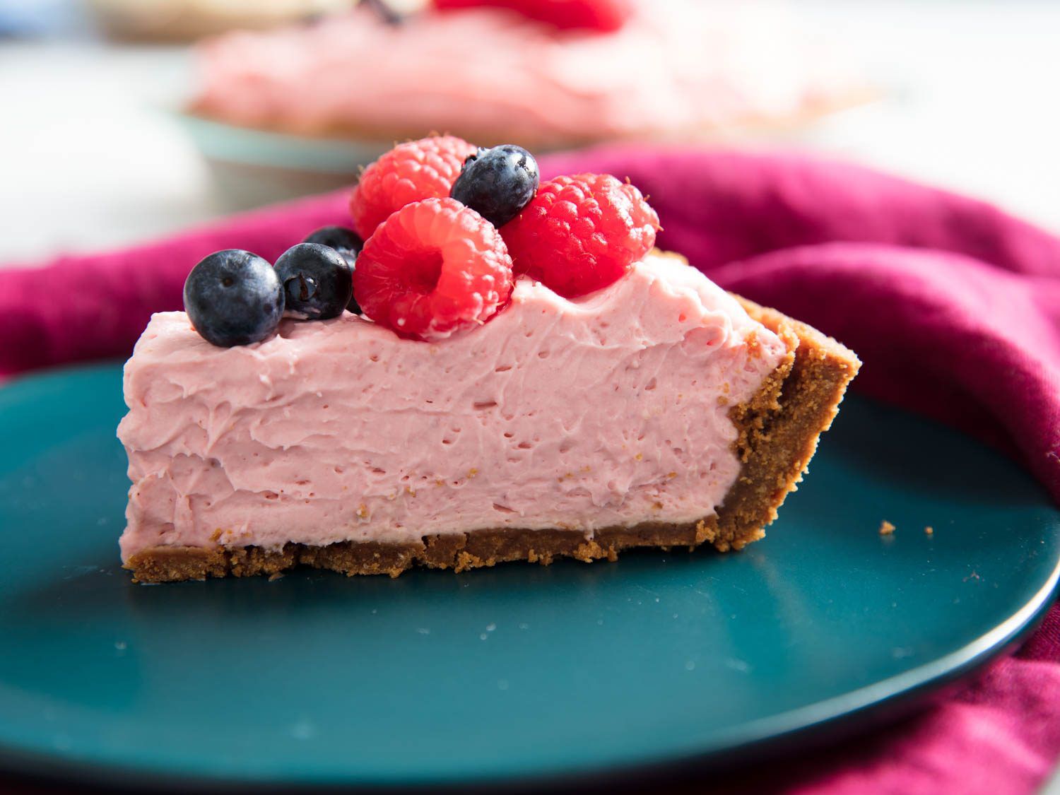 slice of cheesecake with raspberries and blueberries