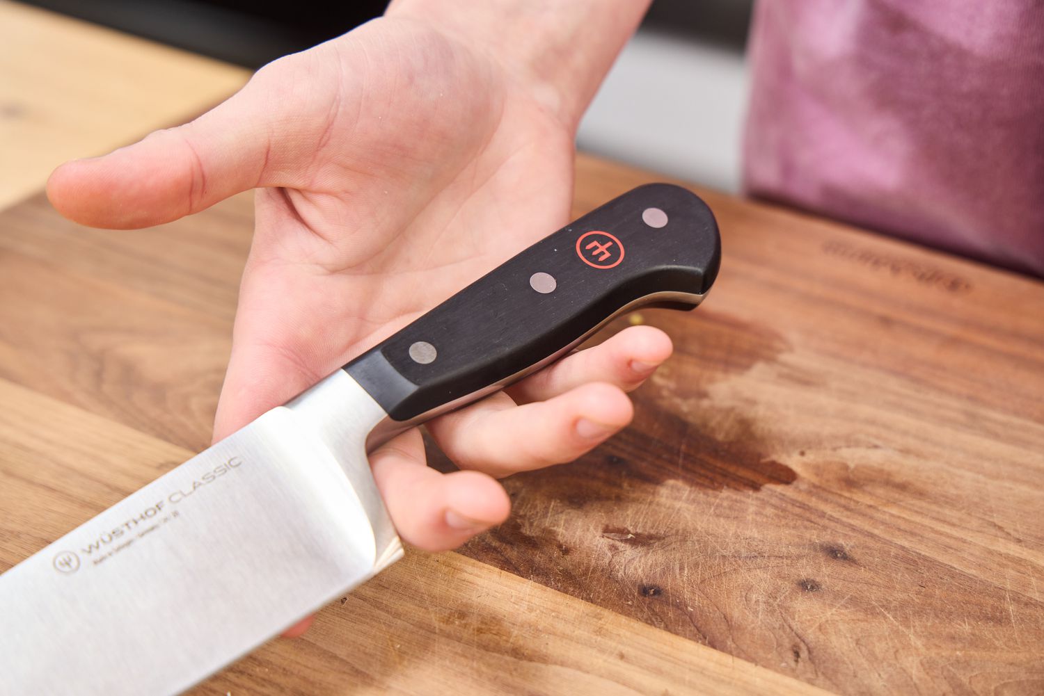 The Wusthof chef's knife's handle.