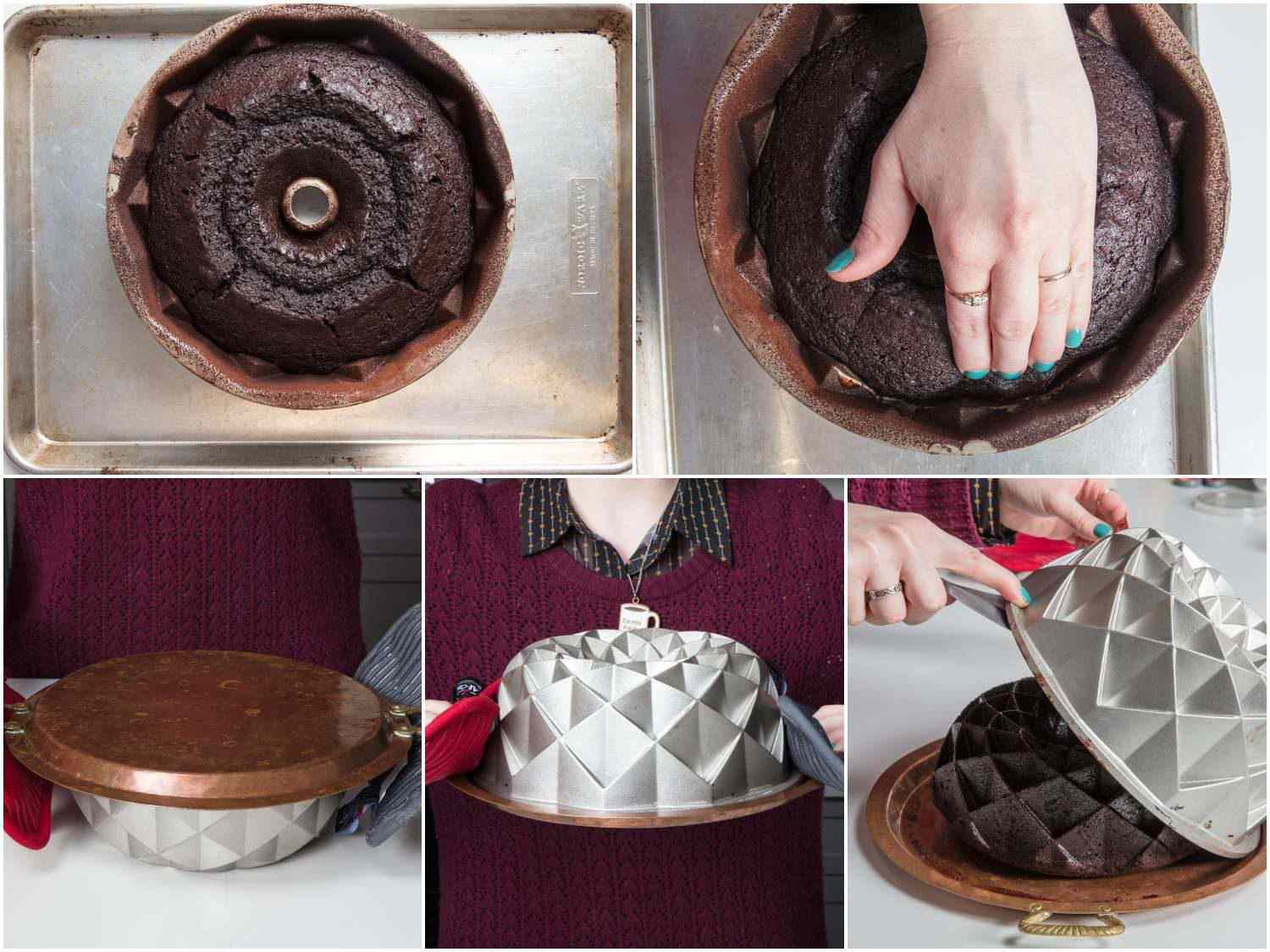 Collage of four images showing unmolding a chocolate bundt cake: placing a serving platter on the pan, flipping the pan and releasing the cake.