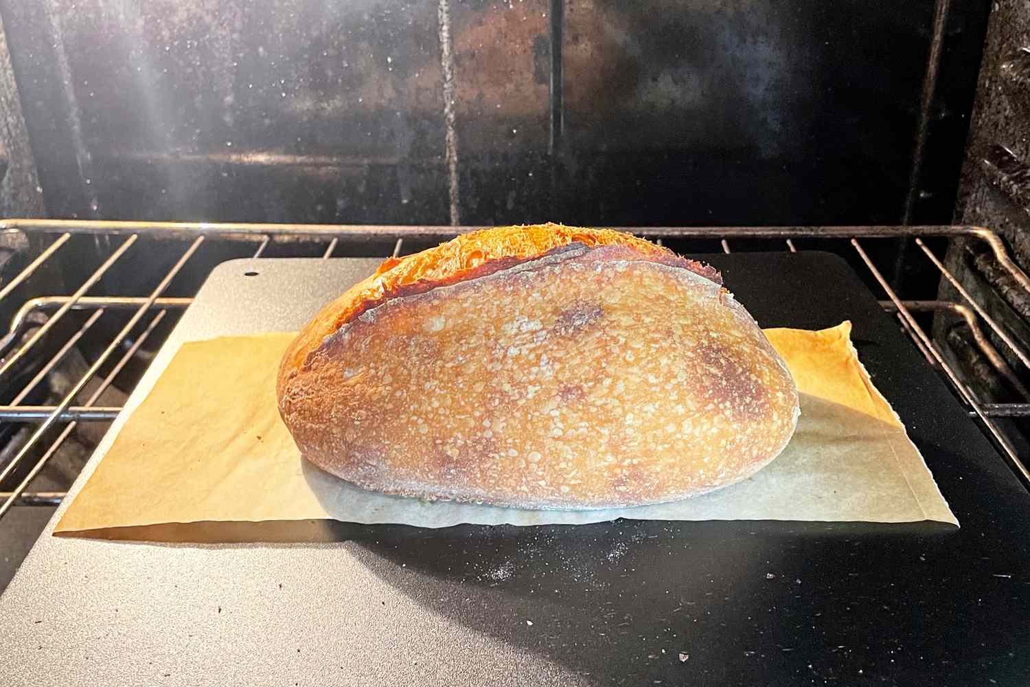 a loaf of bread in the oven