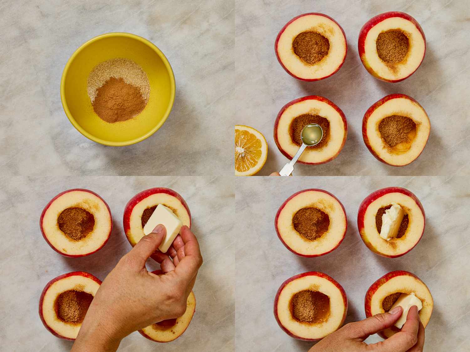 Steps in preparing baked apples showing ingredients mixed and placed into apple cores at different stages