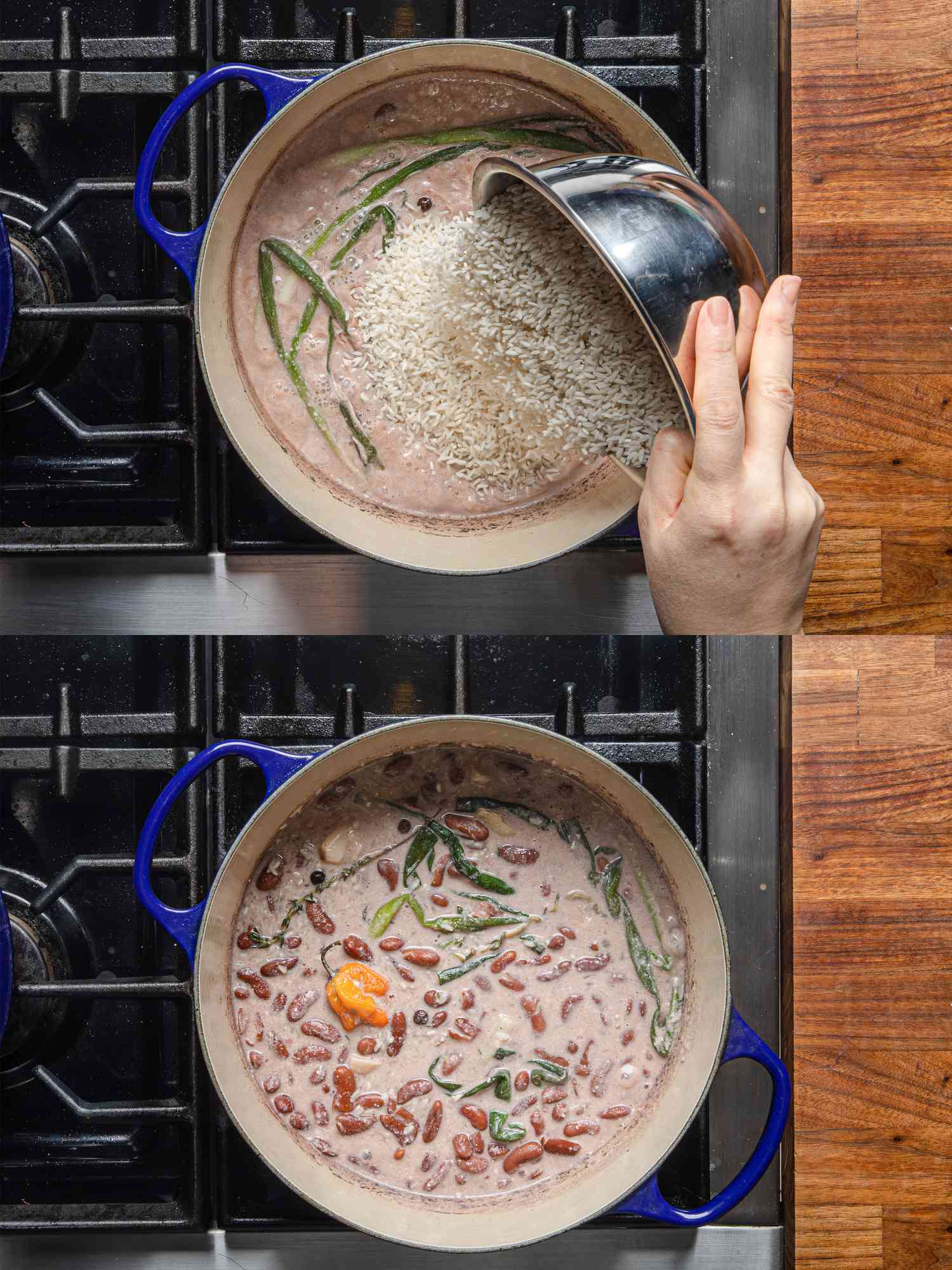 Two image collage of overhead view of adding rice to pot with beans and coconut milk