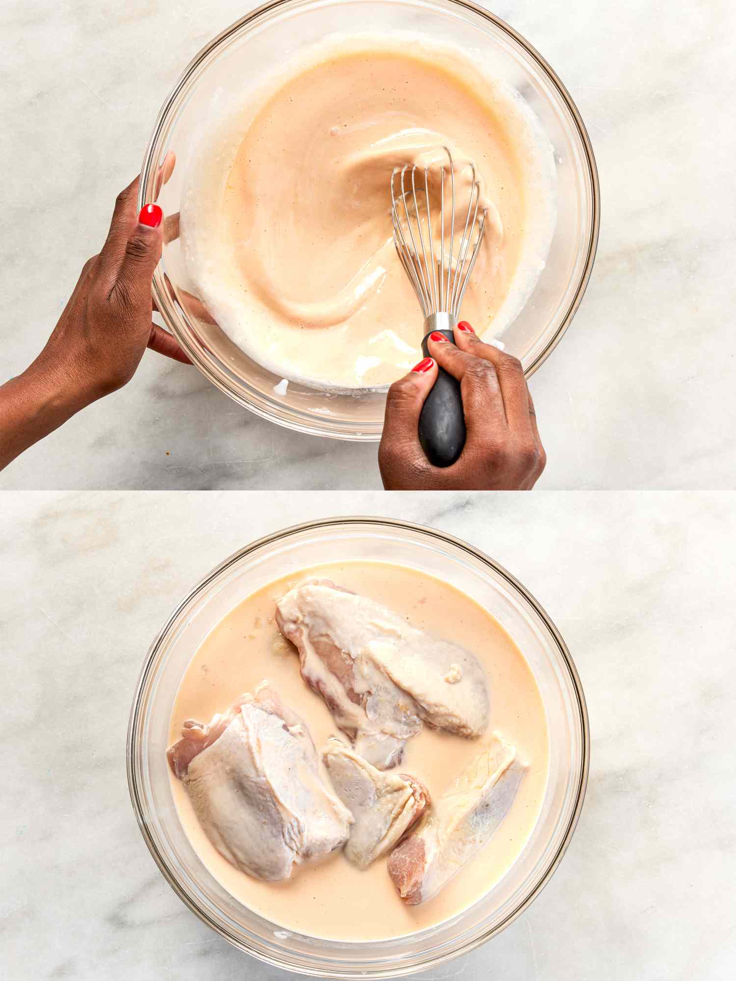 Two stacked images: Whisking buttermilk brine and soaking chicken in it