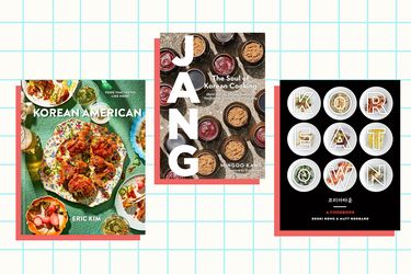  Korean American Cookbook, Jang: The Soul of Korean Cooking, and Koreatown cookbook on a blue and white grid background