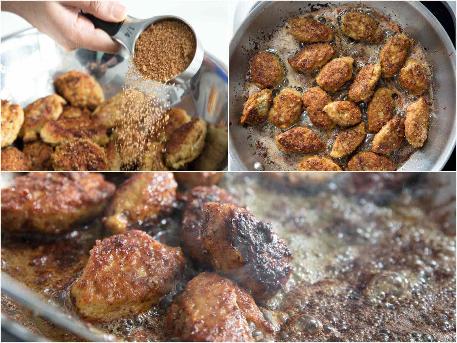 Collage of three images: coating the browned meatballs with turbinado sugar and caramelizing their crust in the pan.