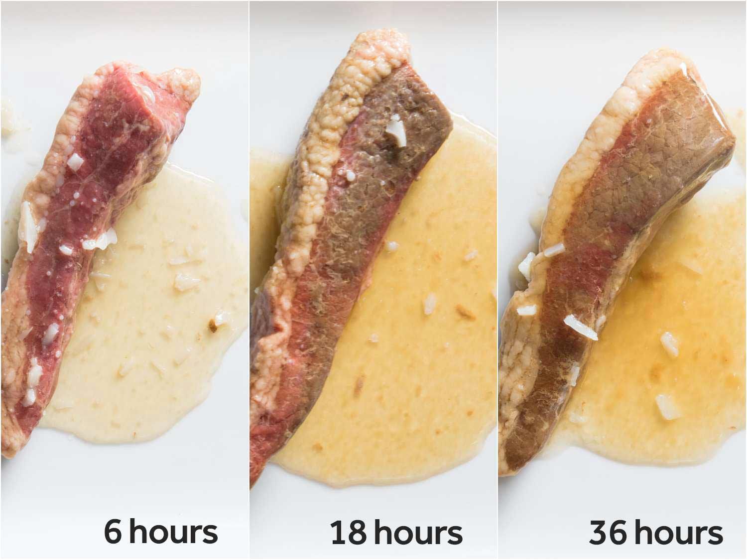 Comparison of corned beef cooked sous vide. Left to right: 6 hours, 16 hours, and 36 hours.