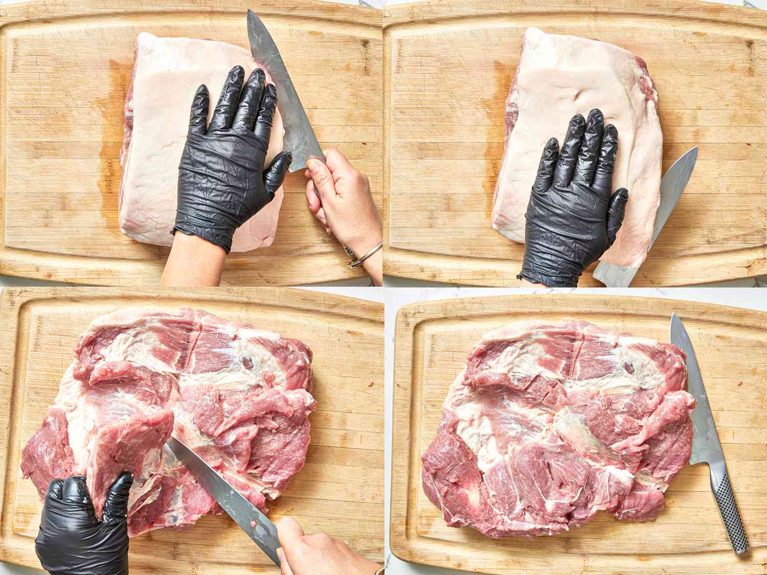 Four image collage of cutting open pork and splaying flat