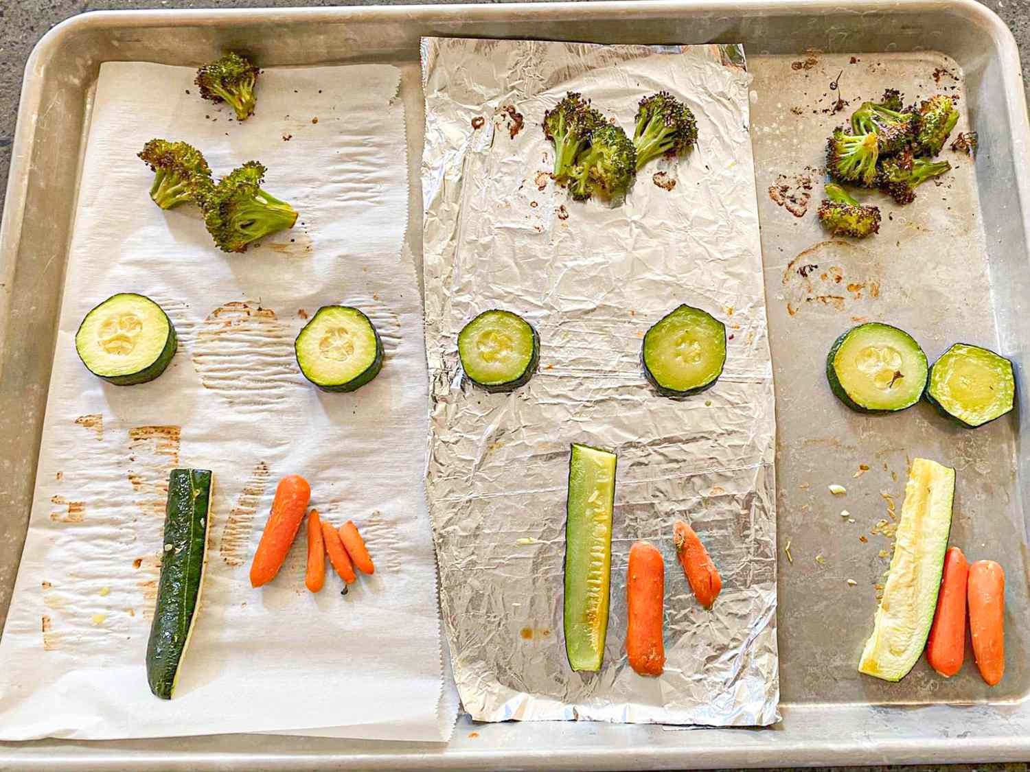 Three snack arrangements on a tray using vegetable slices and pieces