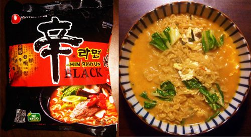 A package and bowl of Nong Shim Shin Ramyun Black Premium Noodle Soup.