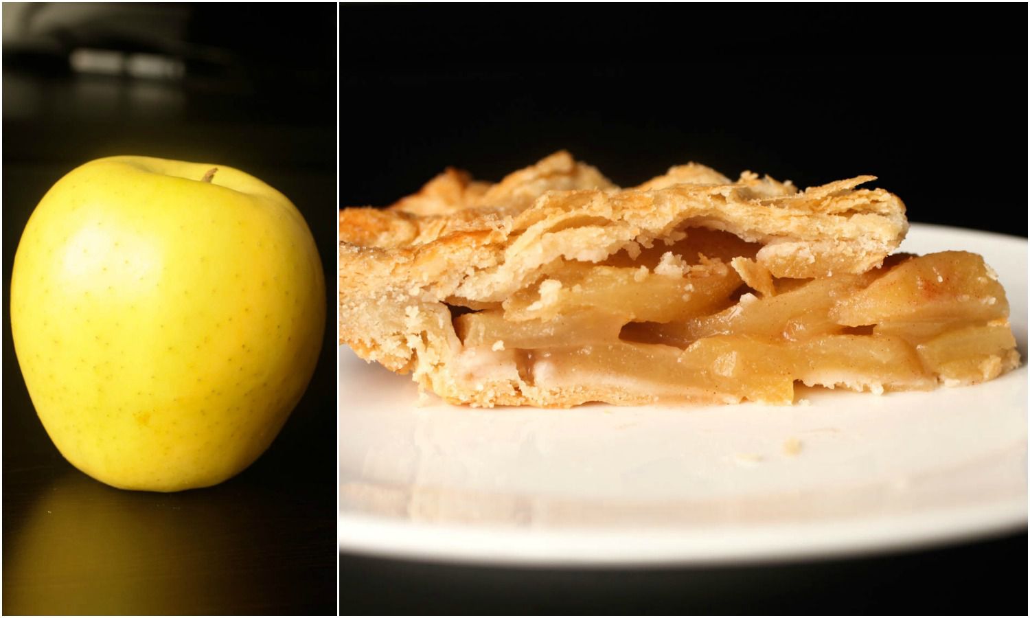 Collage of a Golden Delicious apple next to a slice of pie made with Golden Delicious apples