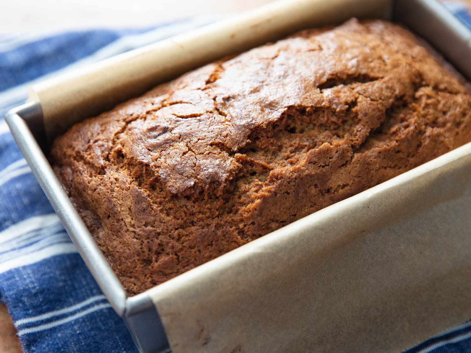 Closeup of the baked loaf of zucchini bread, fresh from the oven.