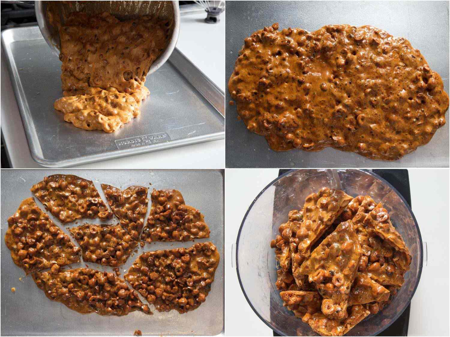 A four-image collage: The top left image shows pouring the brittle mixture onto a baking sheet. The top right image shows the brittle has set. The bottom left image shows the brittle broken into pieces. The bottom right image shows the brittle pieces in a food processor. 