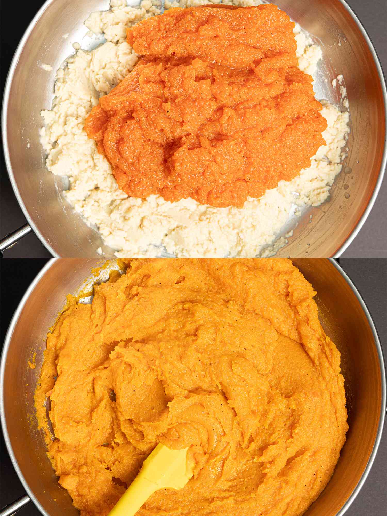 Two image collage of combining flour and carrot mixture