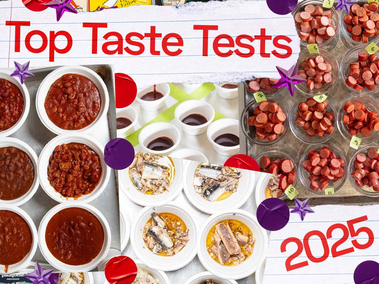 Various food samples displayed for a taste test event with text Top Taste Tests 2025 visible