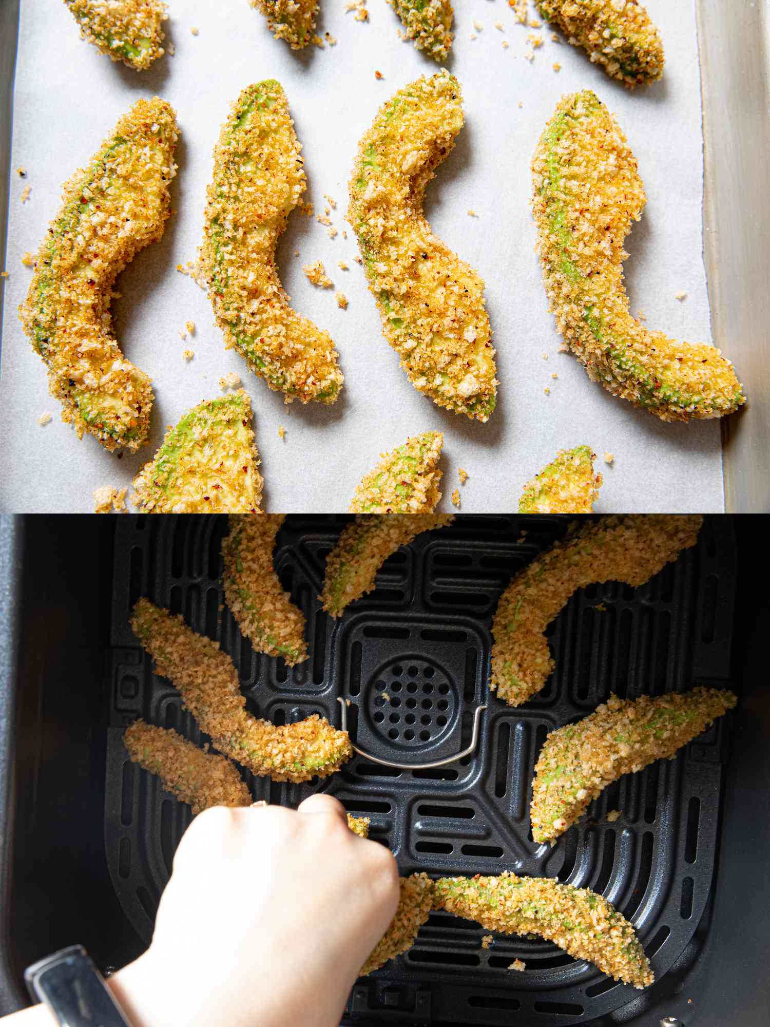 Two image collage of an overhead view of avocado slices coating in batter and being placed into an air fryer