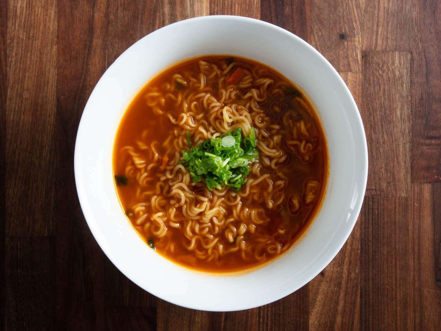 Overhead view of a bowl of Shin Ramyun.