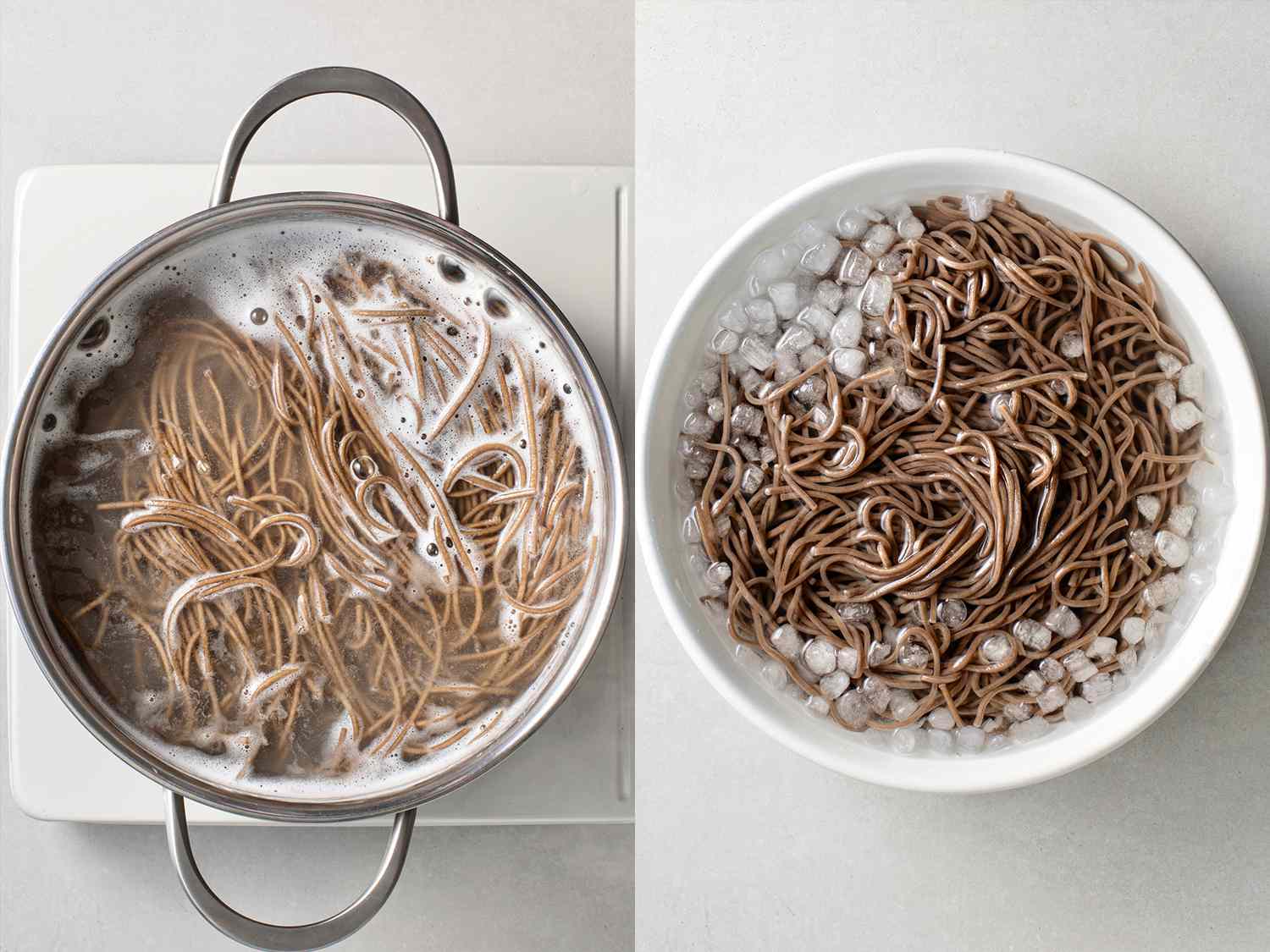 Soba noodles boiling in a pot, then placed in an ice bath