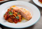 Salmon alongside a tomato eggplant stew, all made on a sheet-pan