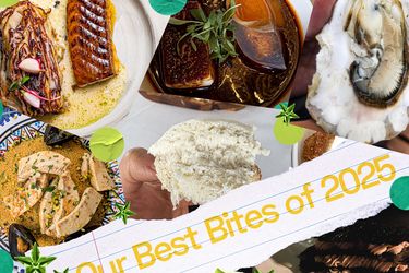 A collage showing various food dishes and a hand holding a portion with the text Our Best Bites of 2025 overlaying