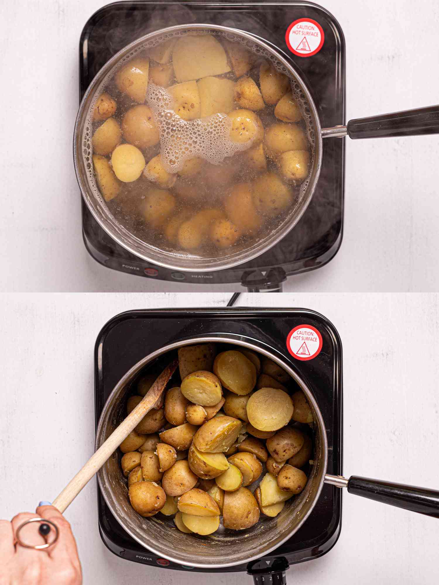 Boiling potatoes in a pot on a stovetop, followed by cooked potatoes being stirred with a wooden spoon in the same pot.