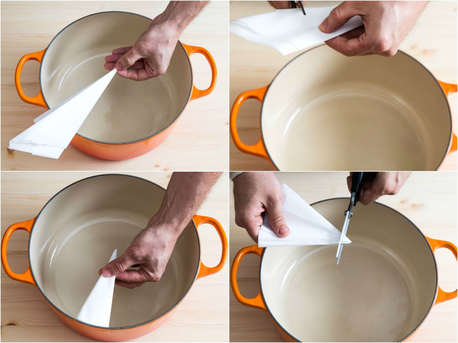 Collage of trimming the parchment into a lid and cutting a vent hole.