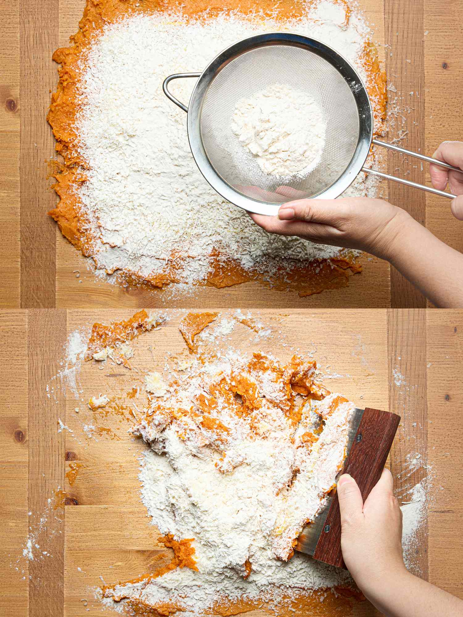 Steps for making gnocchi displayed showing flour being sifted over sweet potato and the mixture being kneaded on a wooden surface
