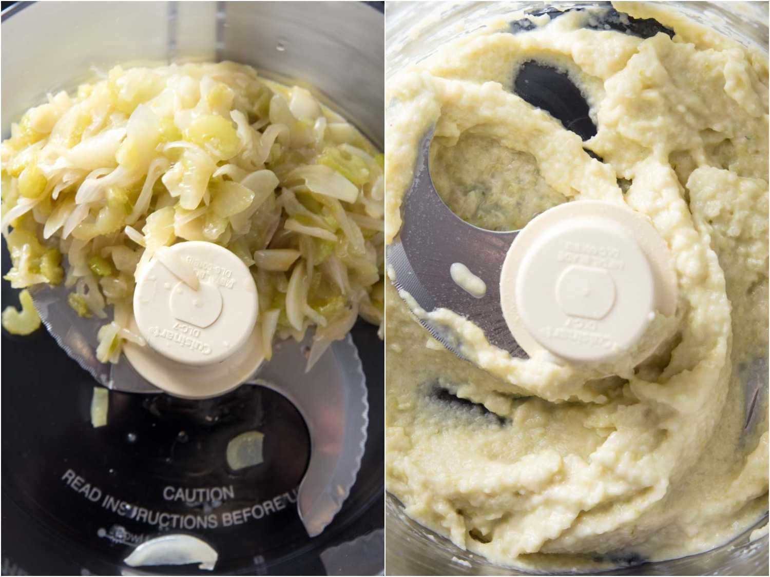 Processing vegetables into a paste for oysters Rockefeller.