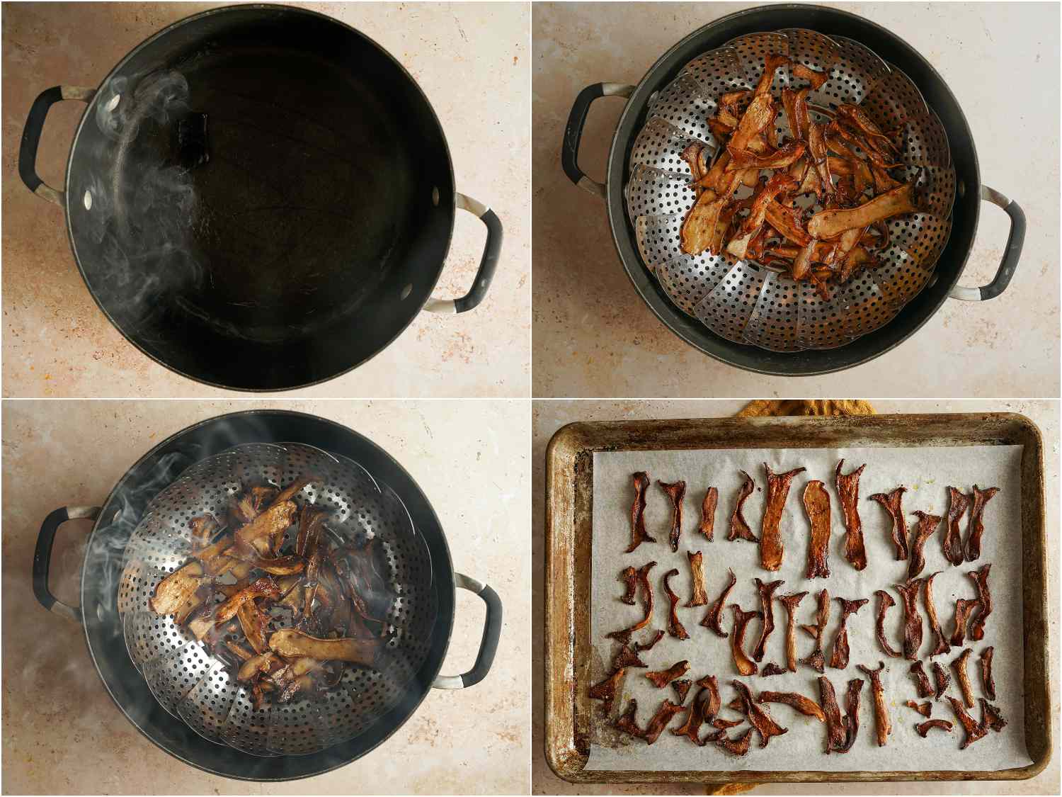 A collage showing the mushrooms being smoked in a wok and then spread on a baking sheet.
