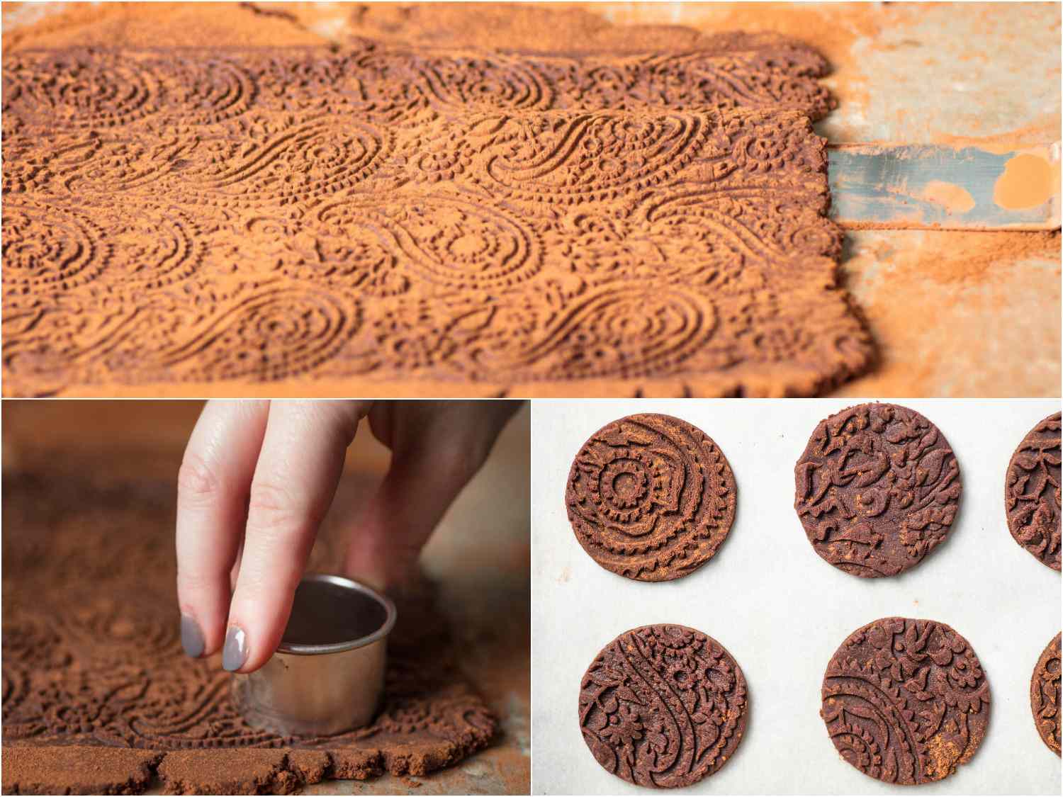Collage of embossed Oreo cookie dough being cut with a cookie cutter into thin rounds. 