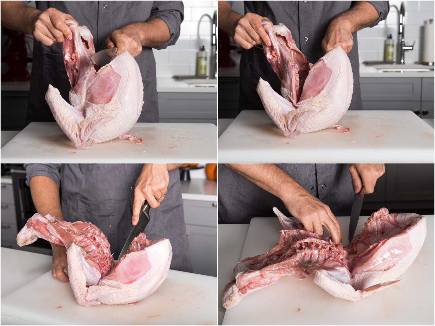 Photo collage showing the process of cutting a bone-in turkey breast off the back and wings