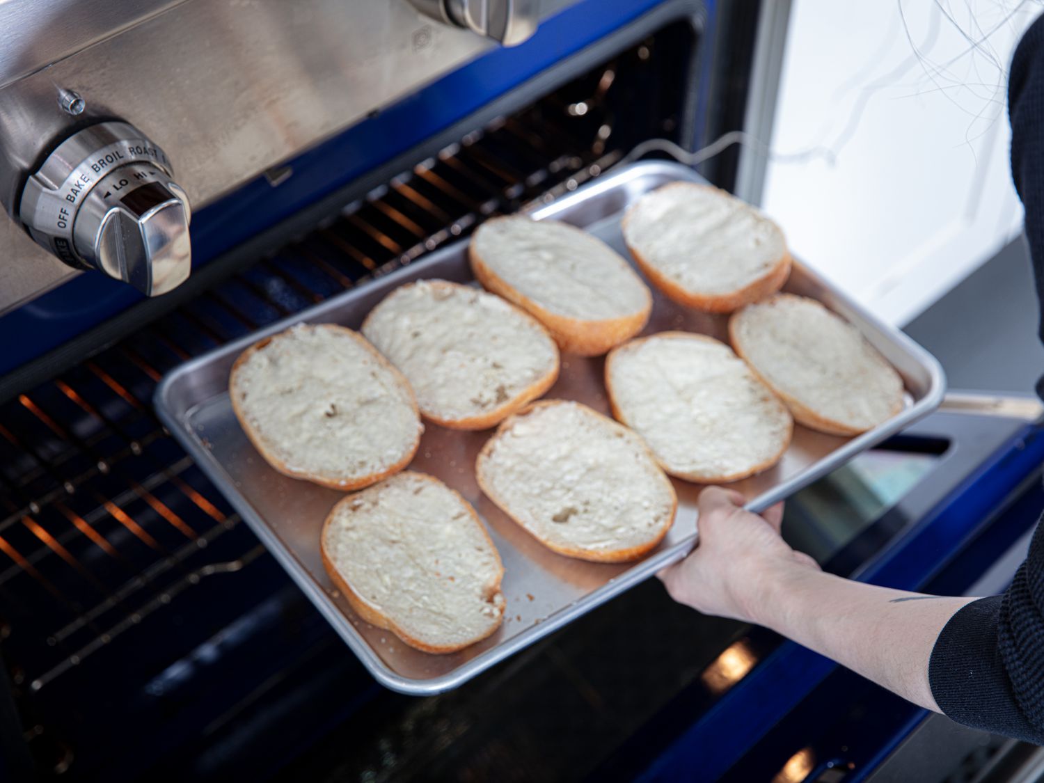 Overhead view of toasting buns