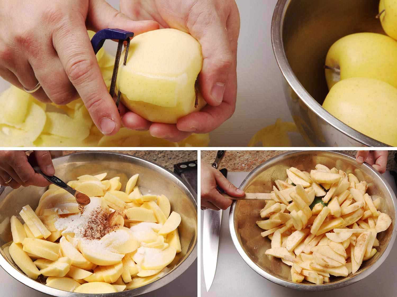 A collage showing apples being peeled and then mixed with sugar and spices.