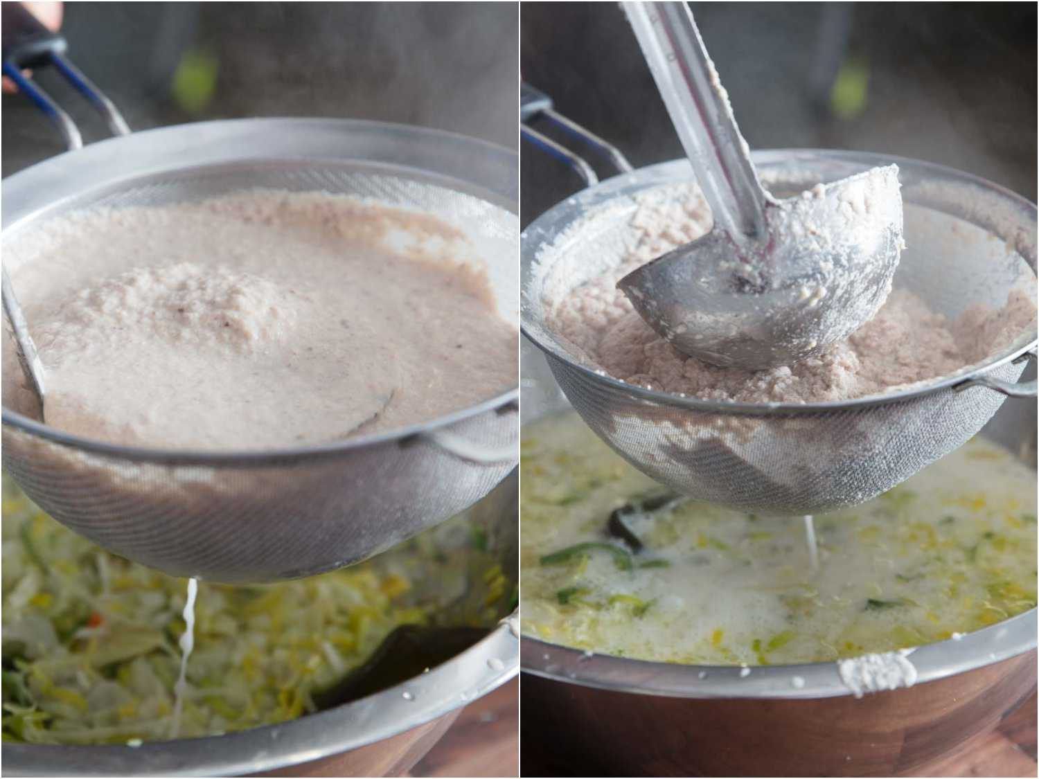 Straining chicken carcass and broth slurry through a fine mesh strainer