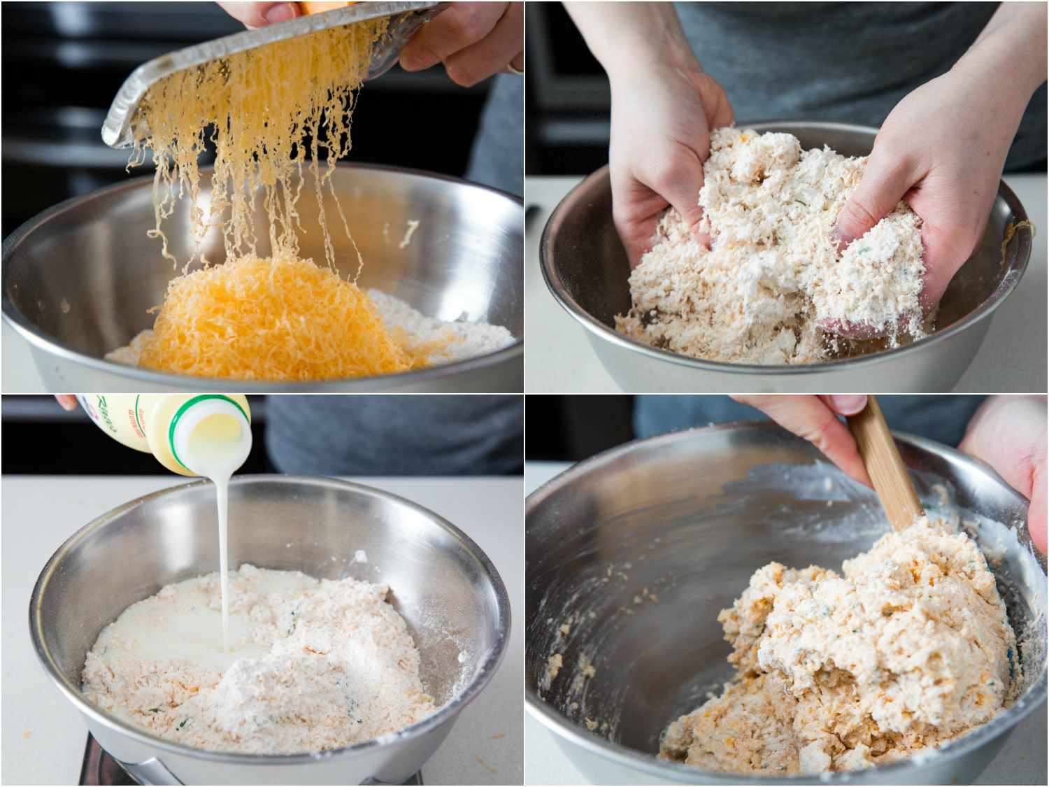 Collage of cheese being grated and mixed with the dry ingredients, then buttermilk.