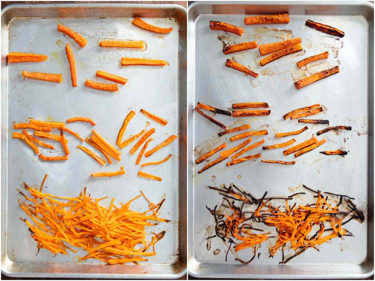 A comparison of carrots cut to different sizes but cooked in the same oven at the same temperature. The smaller pieces are burnt while the larger ones have barely browned.