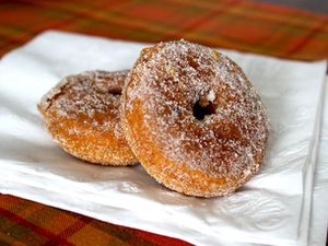 Two Gluten-Free Pumpkin Doughnuts arranged on a napkin.