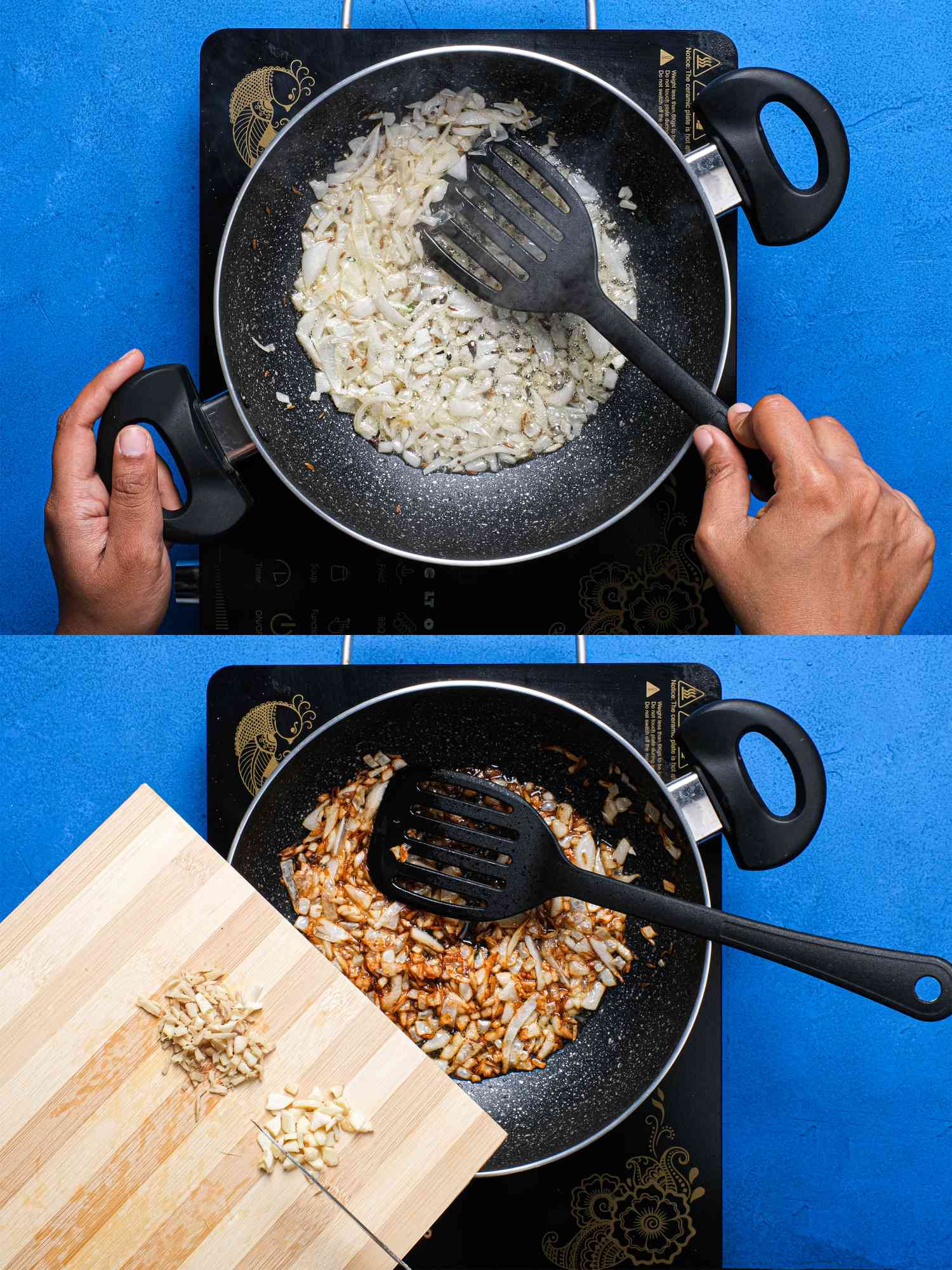 Two image collage of cooking onions and adding garlic and ginger