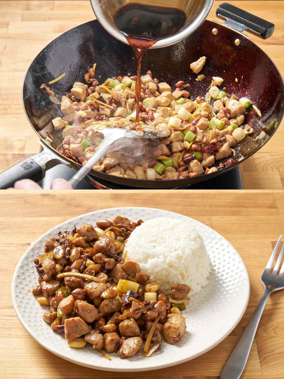 A two-image collage showing the contents of wok with sauce being added, and then the chicken on a plate with rice.