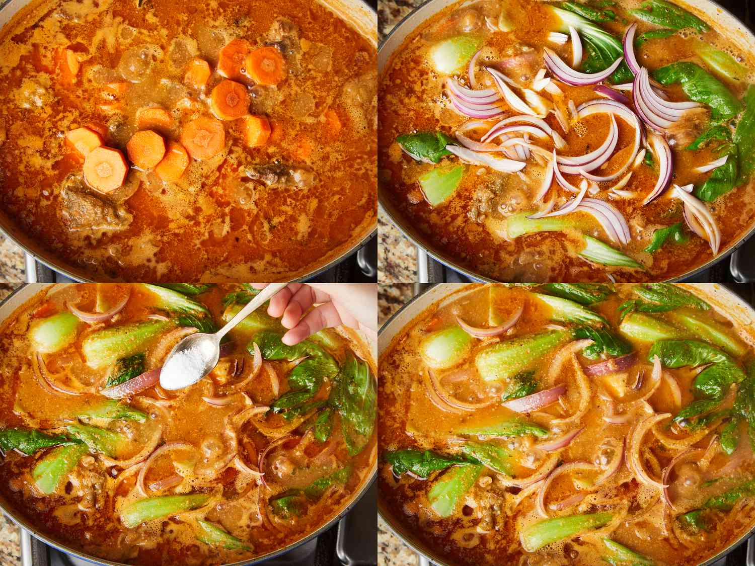 Four image collage of finishing soup