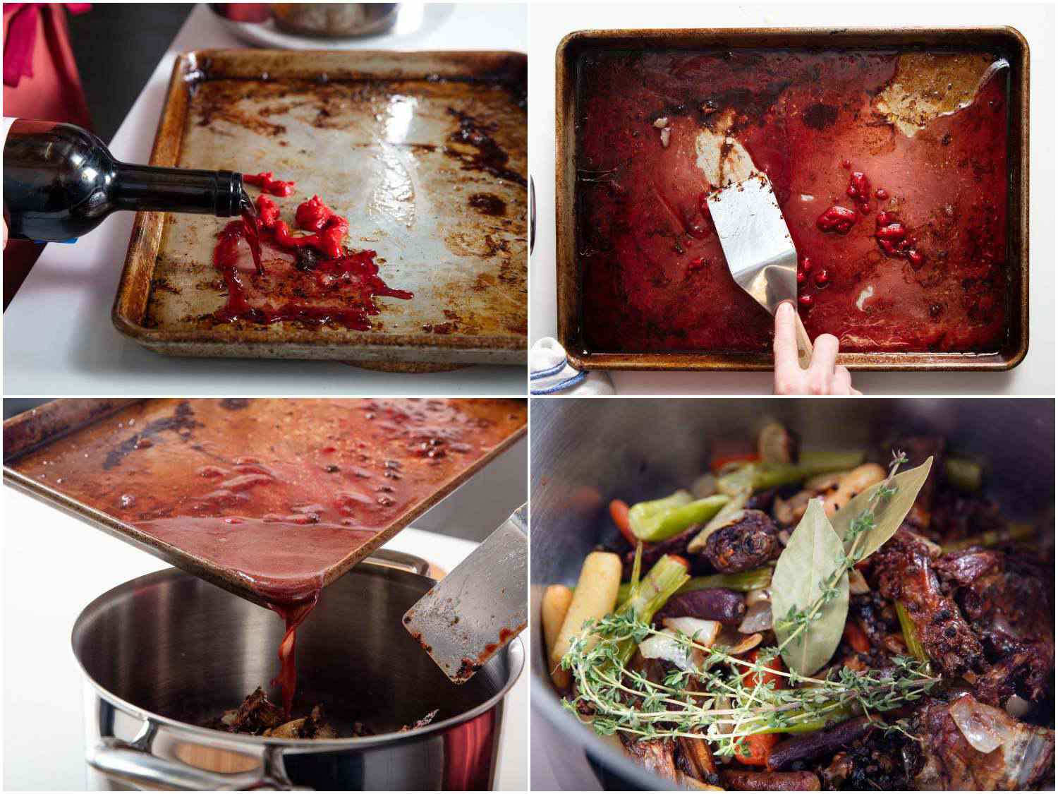A collage: adding red wine and tomato paste to the duck baking tray, scraping the tray with a spatula, transferring the tray contents to the stock pot and adding herbs to the stock pot. 