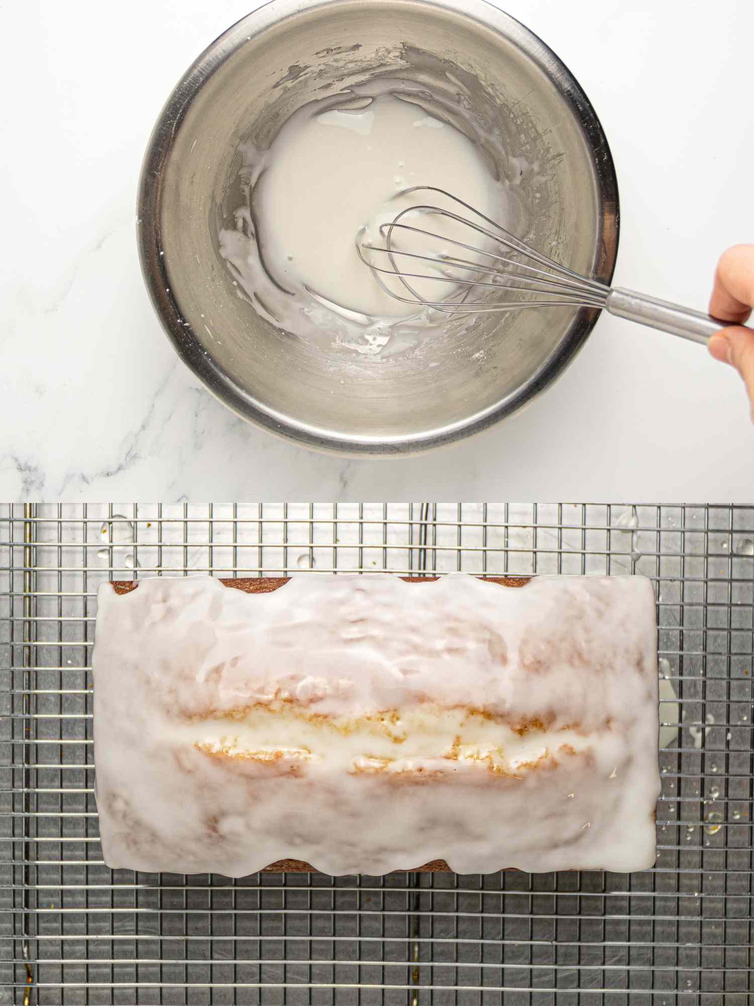 Whisk in a bowl of glaze, iced lemon pound cake on cooling rack.