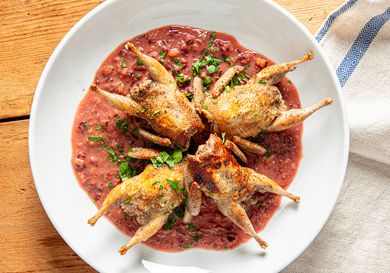 Quail with plum sauce.