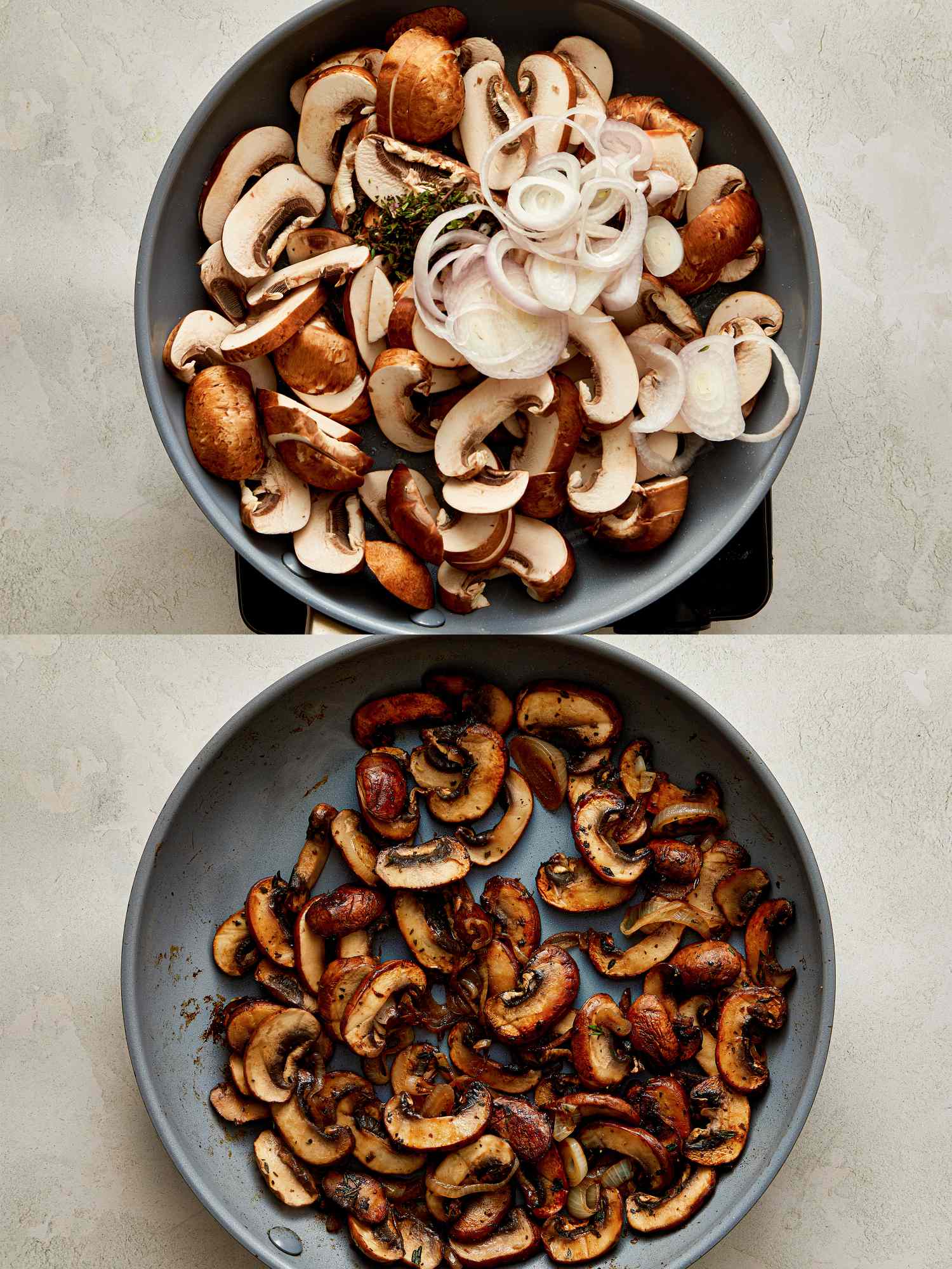 Two images showing mushrooms and onions before and after being cooked in a pan