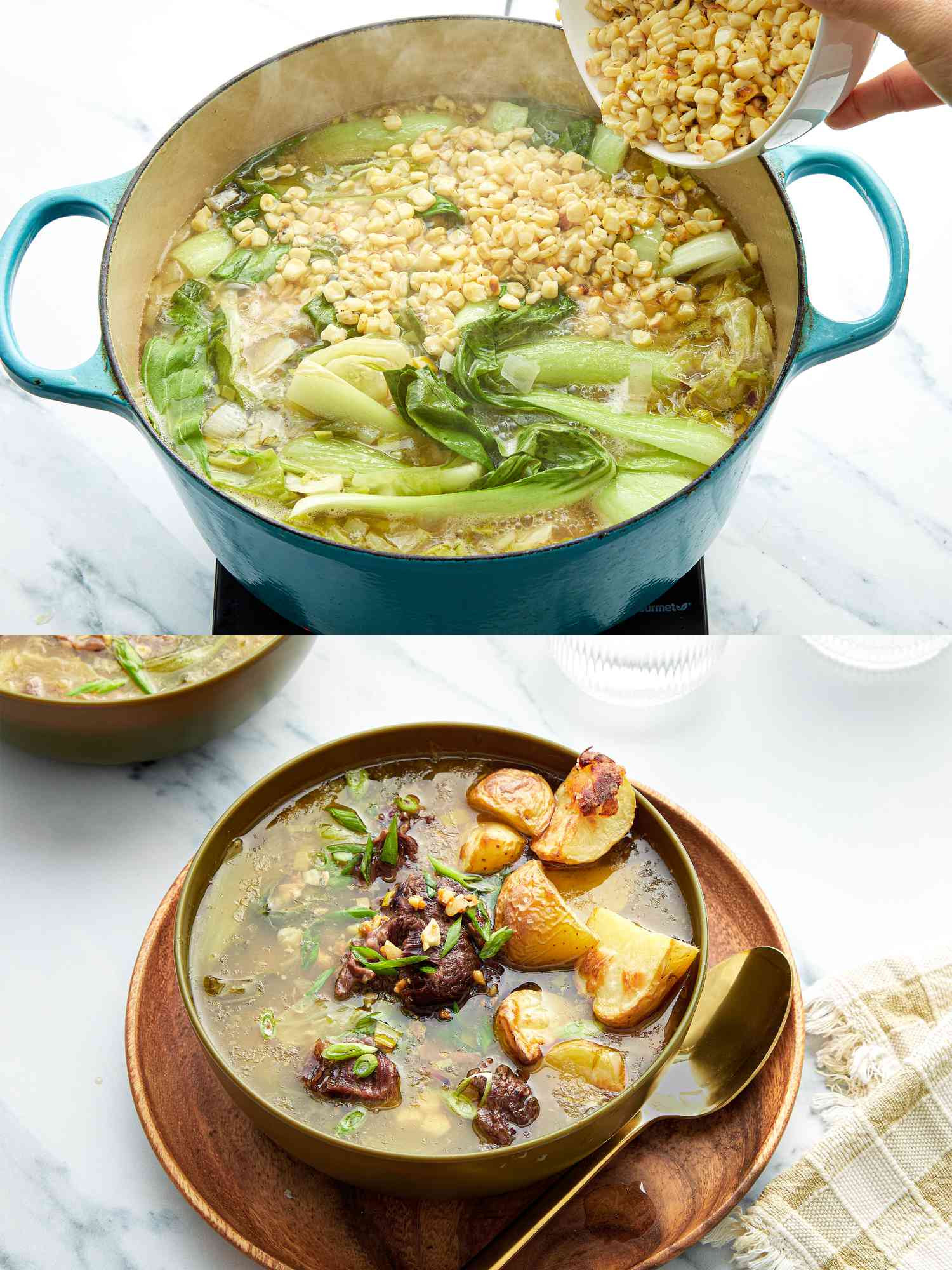 Two image collage of adding corn and finished soup